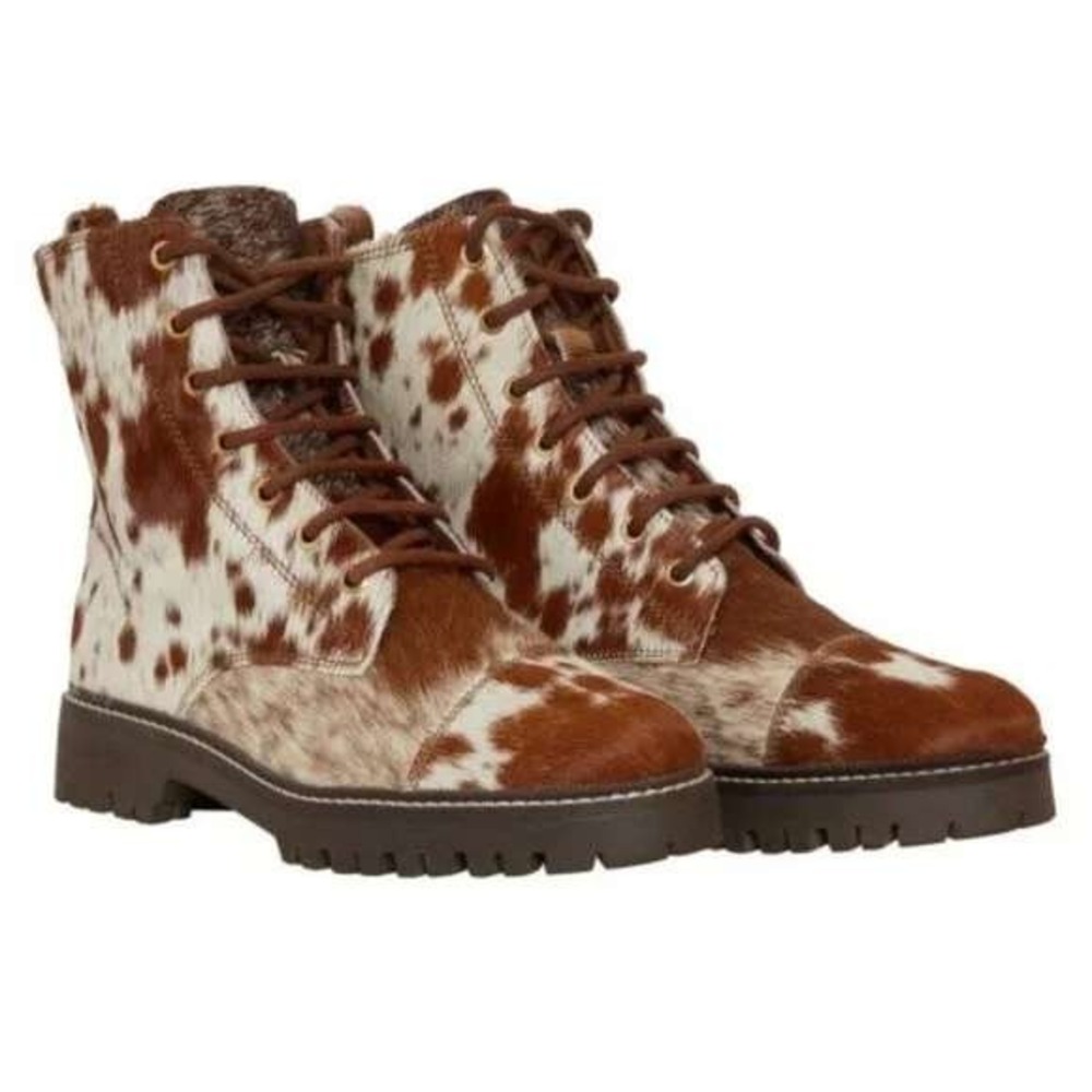 MYRA‎ BAG Women's Helium Brown & White Cowhide Lace Up Boots Size 7 NWT